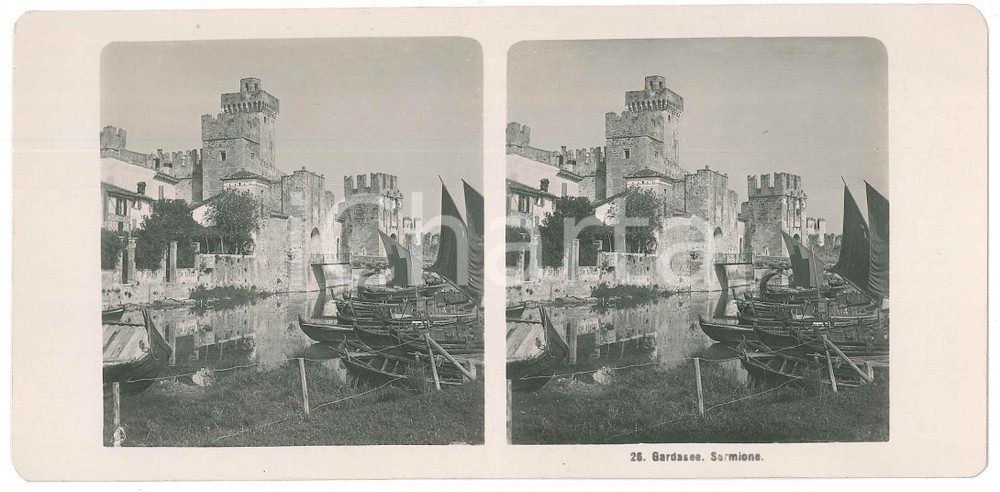 1905 ca LAGO DI GARDA - SIRMIONE (VR) Castello *Foto stereoscopica Fotografia stereoscopica d'epoca.  GOOD/buono  Formato: 18x9 cm originale e autentica 1