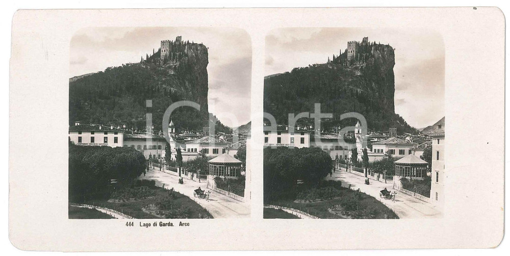 1905 ca LAGO DI GARDA - ARCO (TN) Veduta *Stereoscopica KILCHBERG Fotografia stereoscopica d'epoca.EDITORE: Kilchberg - Zurich  FAIR/discreto fioriture al verso Formato: 18x9 cm originale e autentica 1