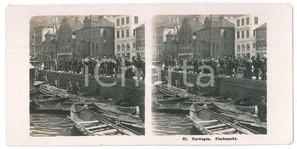 1906 NORWAY - Fish market * ANIMATED Stereoview STEGLITZ-BERLIN 67 Fotografia stereoscopica d'epoca.EDITORE: Steglitz-Berlin  GOOD/buono  Formato: 18x9 cm originale e autentica 1