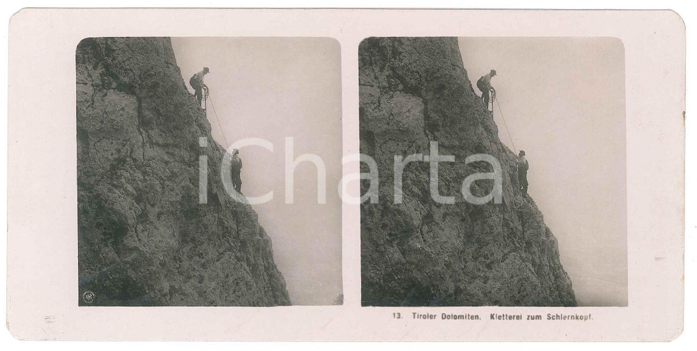 1905 ca ALPINISMO - TIROLO / DOLOMITI Scalata al Monte Sciliar *Stereoscopica 13 Fotografia stereoscopica d'epoca.  GOOD/buono  Formato: 18x9 cm originale e autentica 1