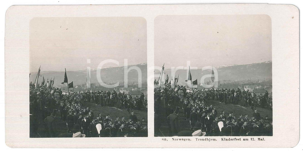 1906 TRONDHEIM (NORWAY) Kinderfest am 17 Mai *Stereoview STEGLITZ-BERLIN 80 Fotografia stereoscopica d'epoca.EDITORE: Steglitz-Berlin   GOOD/buono  Formato: 18x9 cm originale e autentica 1