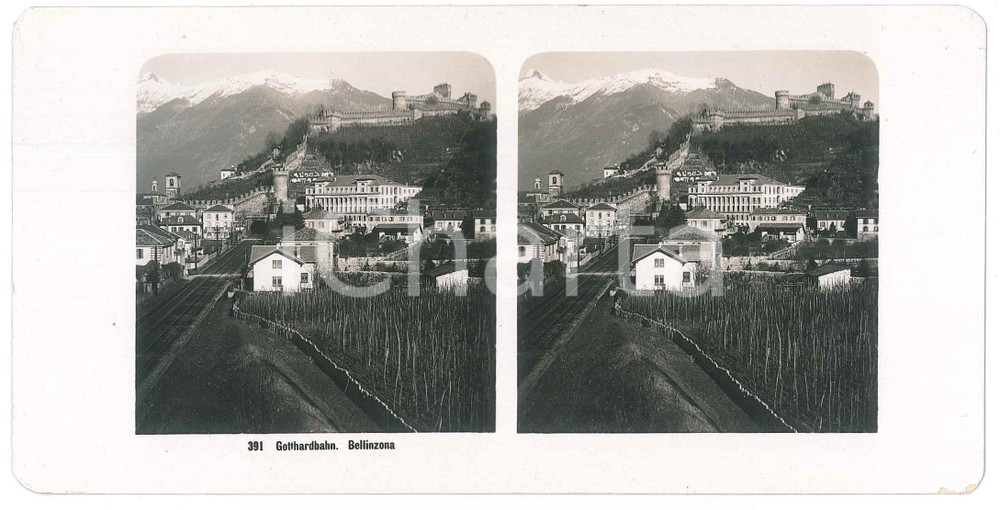 1905 ca BELLINZONA Gotthardbahn - Ferrovia del Gottardo *Foto stereoscopica 391 Fotografia stereoscopica d'epoca.EDITORE: Kilchberg - Zurich  GOOD/buono  Formato: 18x9 cm originale e autentica 1