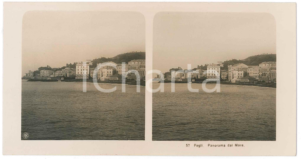 1905 ca GENOVA PEGLI Panorama dal mare *Foto stereoscopica 57 Fotografia stereoscopica d'epoca.  GOOD/buono  Formato: 18x9 cm originale e autentica 1