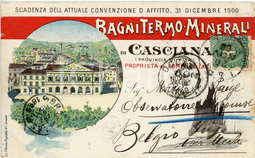 1899 CASCIANA Bagni termo-minerali - Cartolina ILLUSTRATA FP VG  Cartolina postale d'epoca, viaggiata. POOR/danneggiato piegature agli angoli, lievi strappi ai margini, piccole smussature Formato: FP originale e autentica 1
