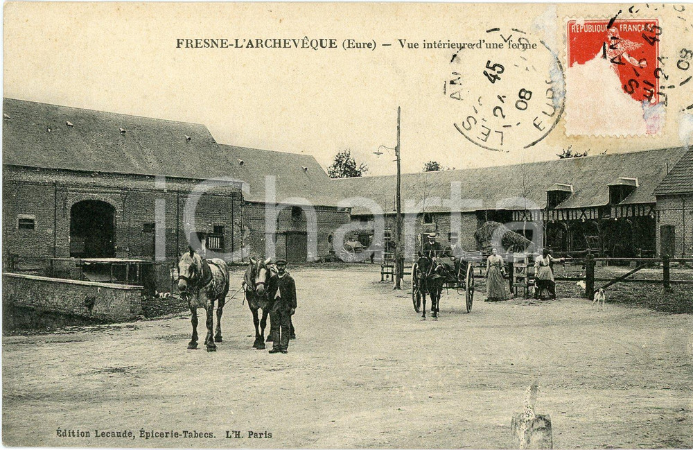 1908 FRESNE-L'ARCHEVÊQUE Vue intérieur d'une ferme - Carte postale FP VG  Cartolina postale d'epoca, viaggiata.CONDIZIONI: FAIR (estesa abrasione all'affrancatura)FORMATO: FP    originale e autentica 1