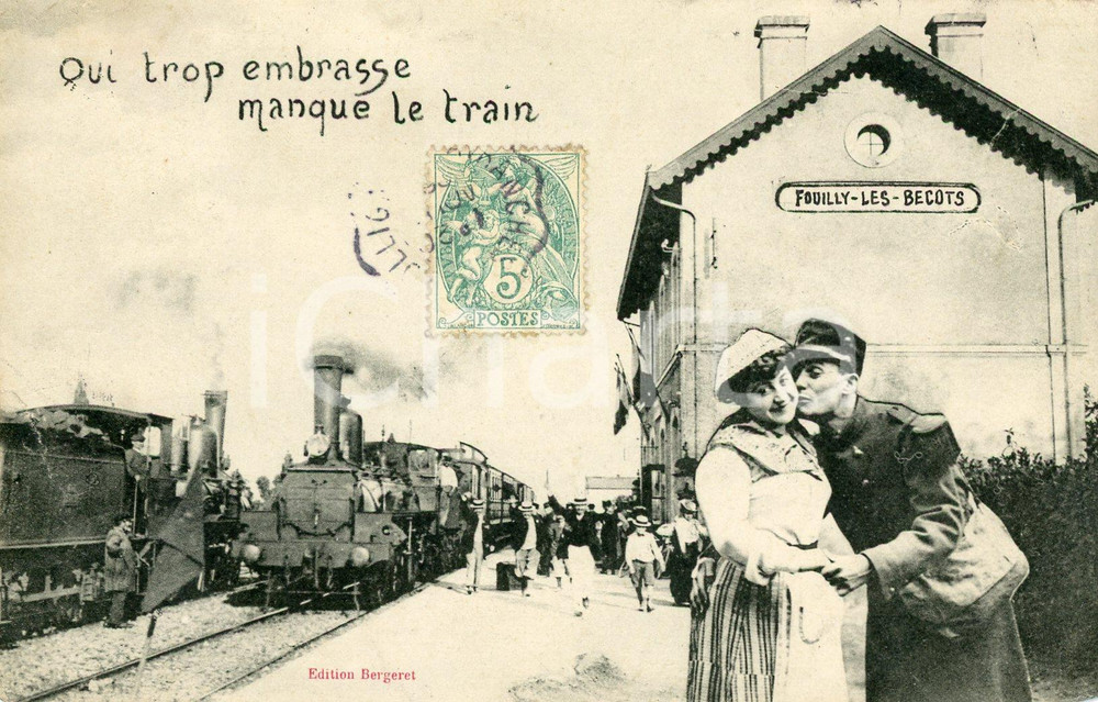 1900 ca FOUILLY-LES-BECOTS Qui trop embrasse manque le train - Carte postale FP  Cartolina postale d'epoca, viaggiata.CONDIZIONI: FAIR (piegatura all'angolo inferiore destro)FORMATO: FP    originale e autentica 1