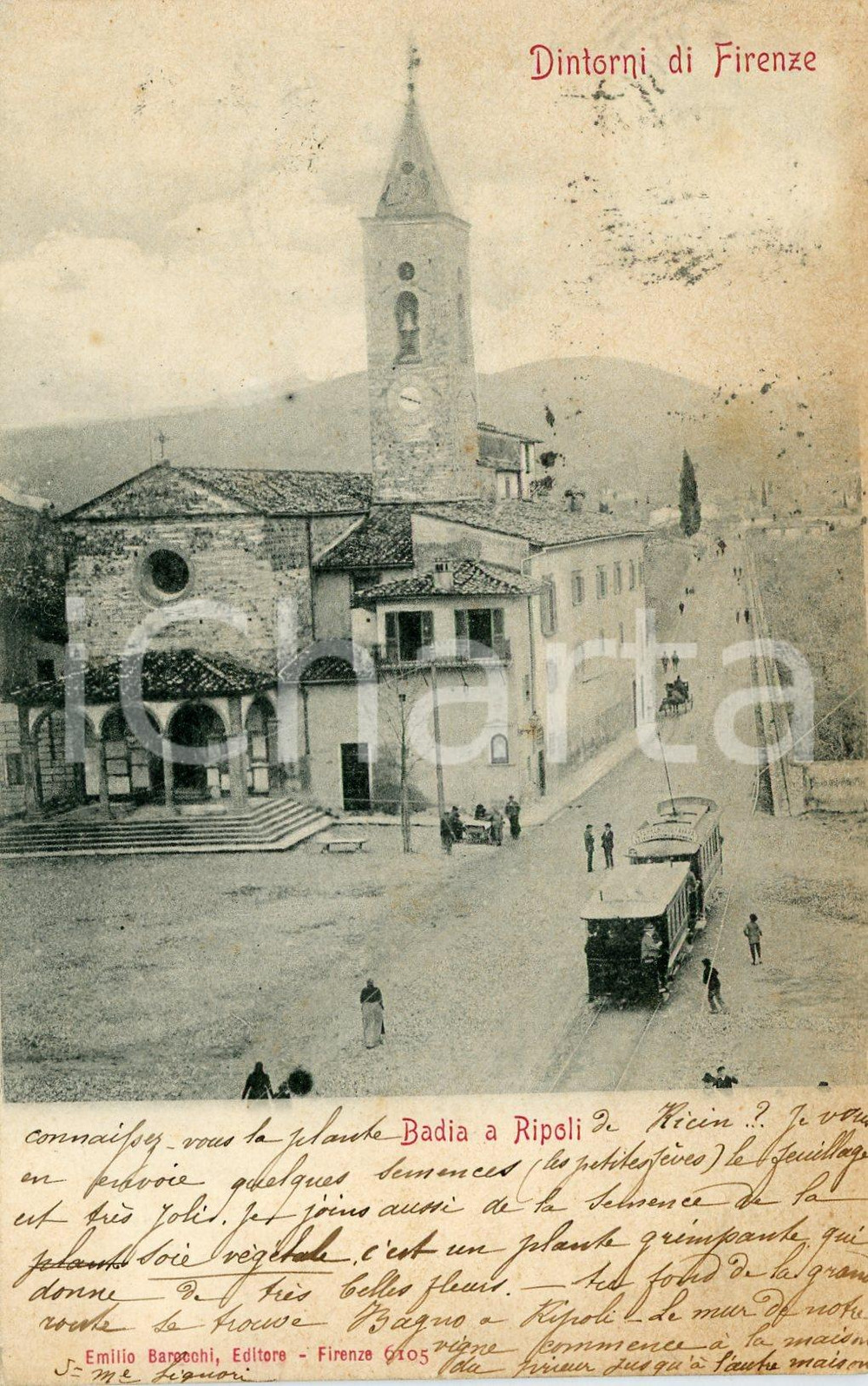 1901 BADIA A RIPOLI (FI) Abbazia di San Bartolomeo e tram - Cartolina FP VG  Cartolina postale d'epoca, viaggiata.CONDIZIONI: F (bruniture diffuse)FORMATO: FP    originale e autentica 1