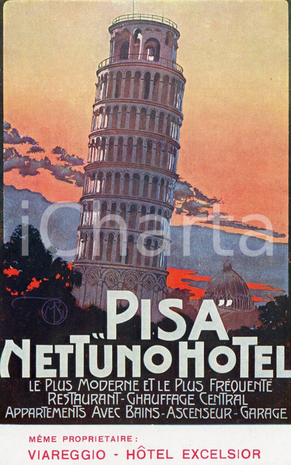 Cartolina originale da collezione 1920 ca PISA Nettuno Hotel  Cartolina ILLUSTRATA FP NV 1