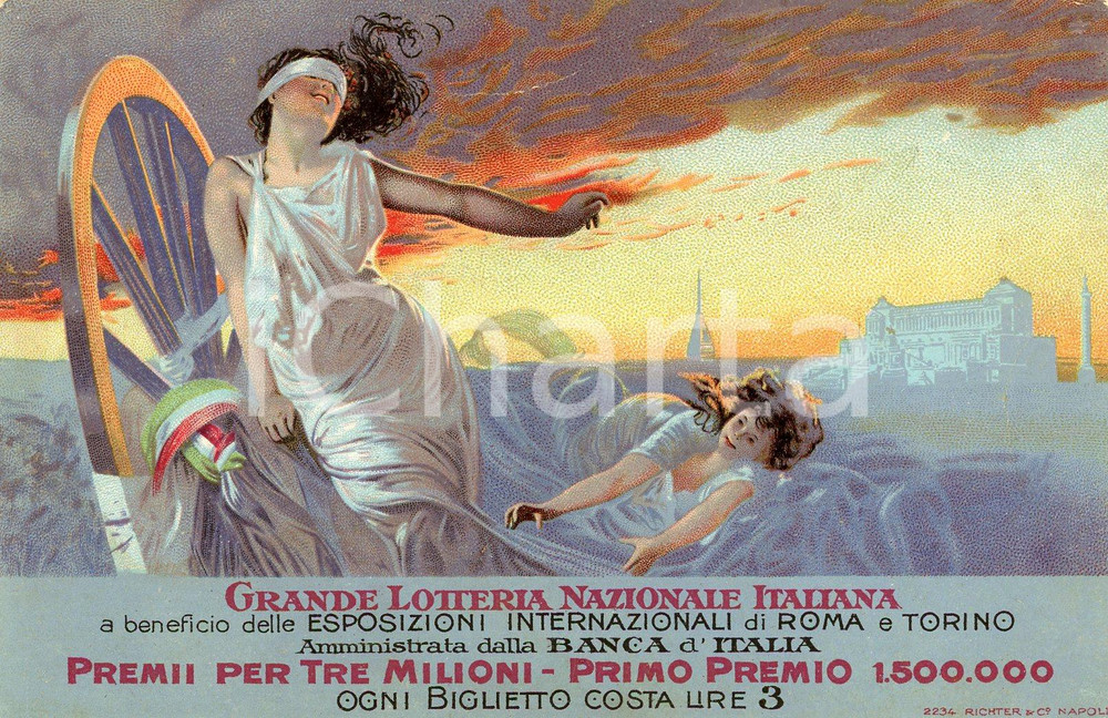 1911 GRANDE LOTTERIA NAZIONALE ITALIANA - Cartolina ILLUSTRATA (2)  Cartolina postale d'epoca, viaggiata. GOOD/buono  Formato: 14x9 cm originale e autentica 1