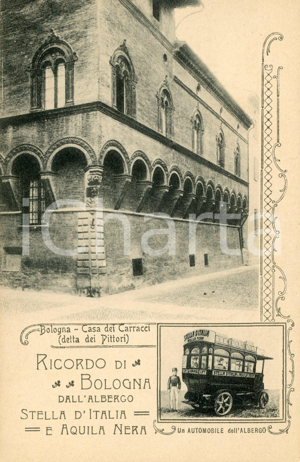 1920 BOLOGNA Albergo Stella d'Italia e Aquila Nera - Casa dei Carracci CARTOLINA  Cartolina postale d'epoca, non viaggiata.CONDIZIONI: FAIRFORMATO: FP    originale e autentica 1