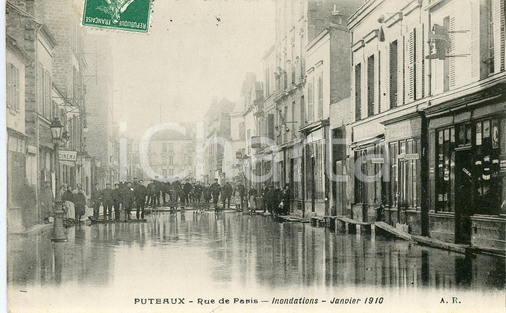 1910 PUTEAUX (F) Inondations dans la Rue de Paris - Cartolina ANIMATA FP  Cartolina postale d'epoca, viaggiata.CONDIZIONI: FAIRFORMATO: FP    originale e autentica 1