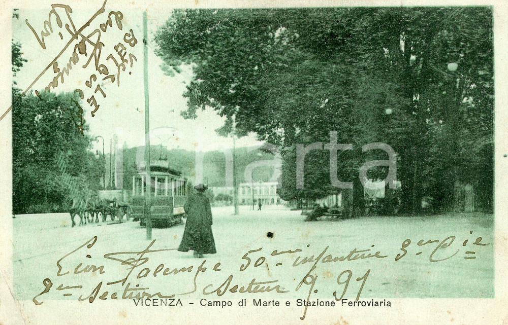 1918 VICENZA Campo di Marte e stazione ferroviaria - Cartolina ANIMATA FP VG  Cartolina postale d'epoca, viaggiata.CONDIZIONI: FAIR (piegature agli angoli)FORMATO: FP    originale e autentica 1