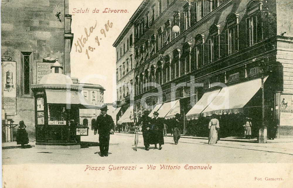 1900 ca LIVORNO Piazza Guerrazzi e Via Vittorio Emanuele - Cartolina ANIMATA FP  Cartolina postale d'epoca, viaggiata.CONDIZIONI: FAIRFORMATO: FP    originale e autentica 1