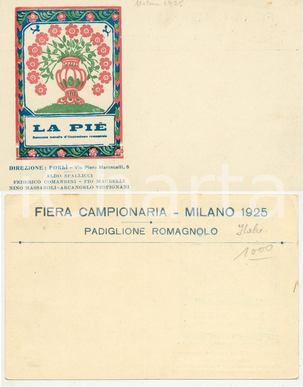 1925 LA PIÉ Mensile di illustrazione romagnola - Cartolina PUBBLICITARIA FP NV  Cartolina pubblicitaria d'epoca, non viaggiata. Distribuita nel Padiglione Romagnolo della Fiera Campionaria di Milano.CONDIZIONI: FFORMATO: FP    originale e autentica 1
