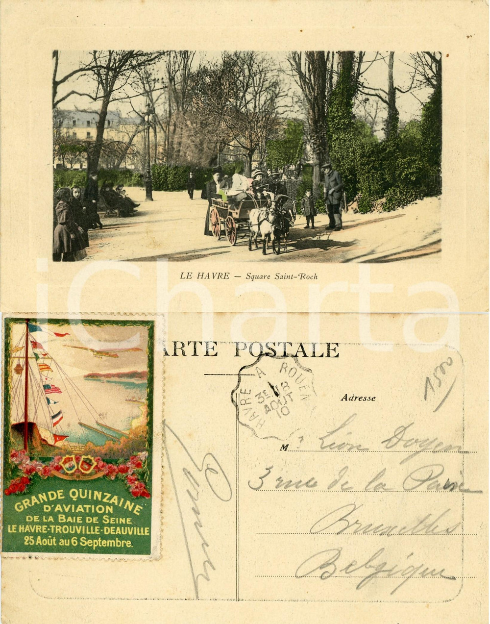 1910 LE HAVRE Square Saint-Roch - Stamp GRANDE QUINZAIN D'AVIATION BAIE DE SEINE  Cartolina postale d'epoca, viaggiata, con francobollo della Grande Quinzaine d'Aviation de la Baie de SeineCONDIZIONI: FAIRFORMATO: FP    originale e autentica 1