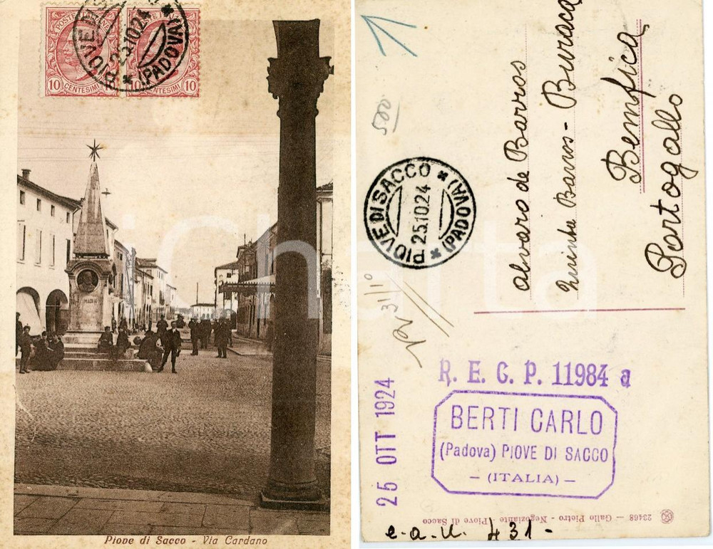 1924 PIOVE DI SACCO Via Cardano - Cartolina ANIMATA FP VG  Cartolina postale d'epoca, viaggiata.Al verso timbro "Berti Carlo - Piove di Sacco". FAIR/discreto Lieve piegatura all''angolo superiore sinistro, lievi bruniture Formato: FP originale e autentica 1