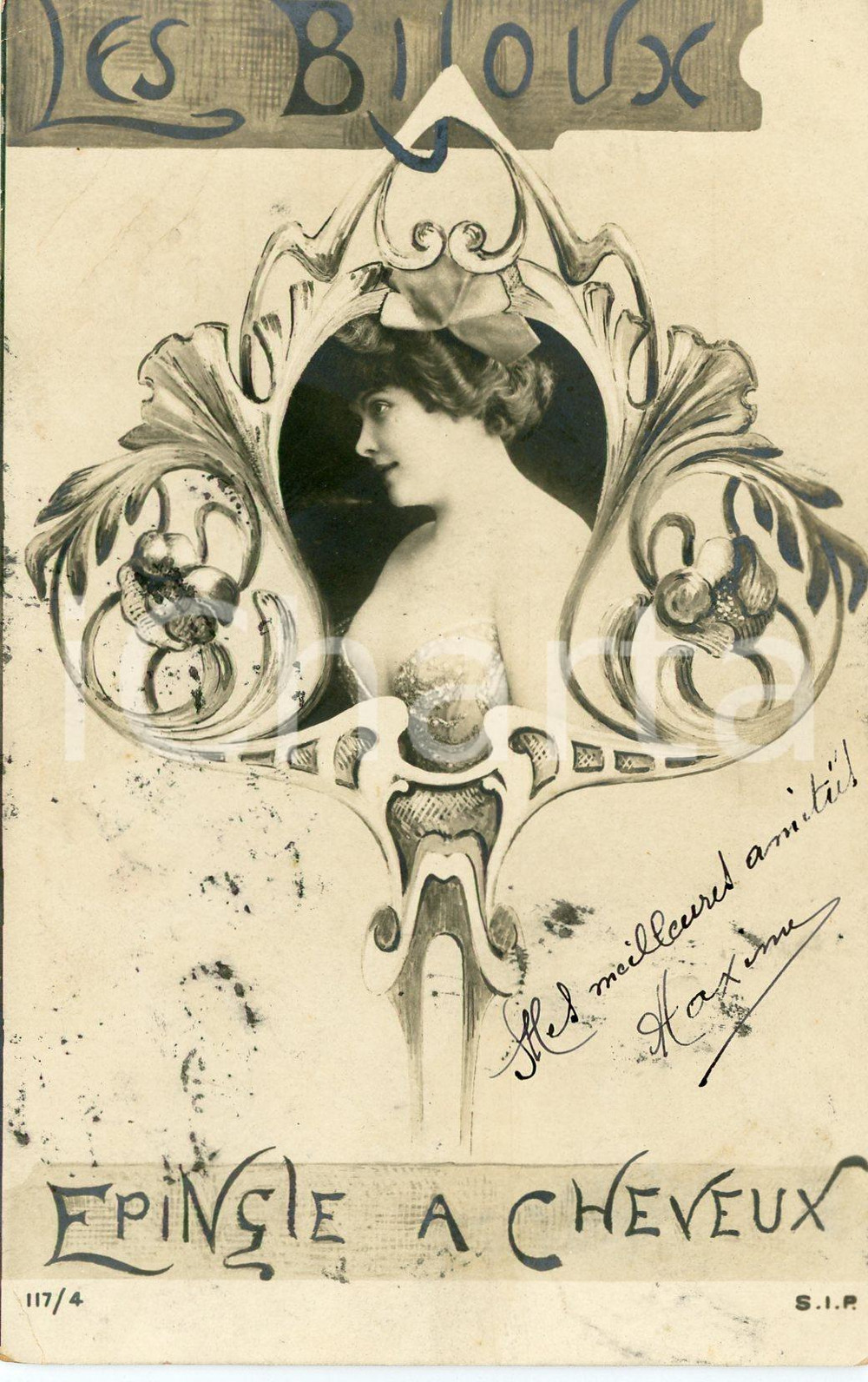 1900 ca LES BIJOUX Epingle à cheveux - Cartolina ILLUSTRATA vintage FP VG  Cartolina postale d'epoca, serie &ldquo;Les Bijoux&rdquo; 117/4, viaggiata.CONDIZIONI: POOR (piegature)FORMATO: FP    originale e autentica 1