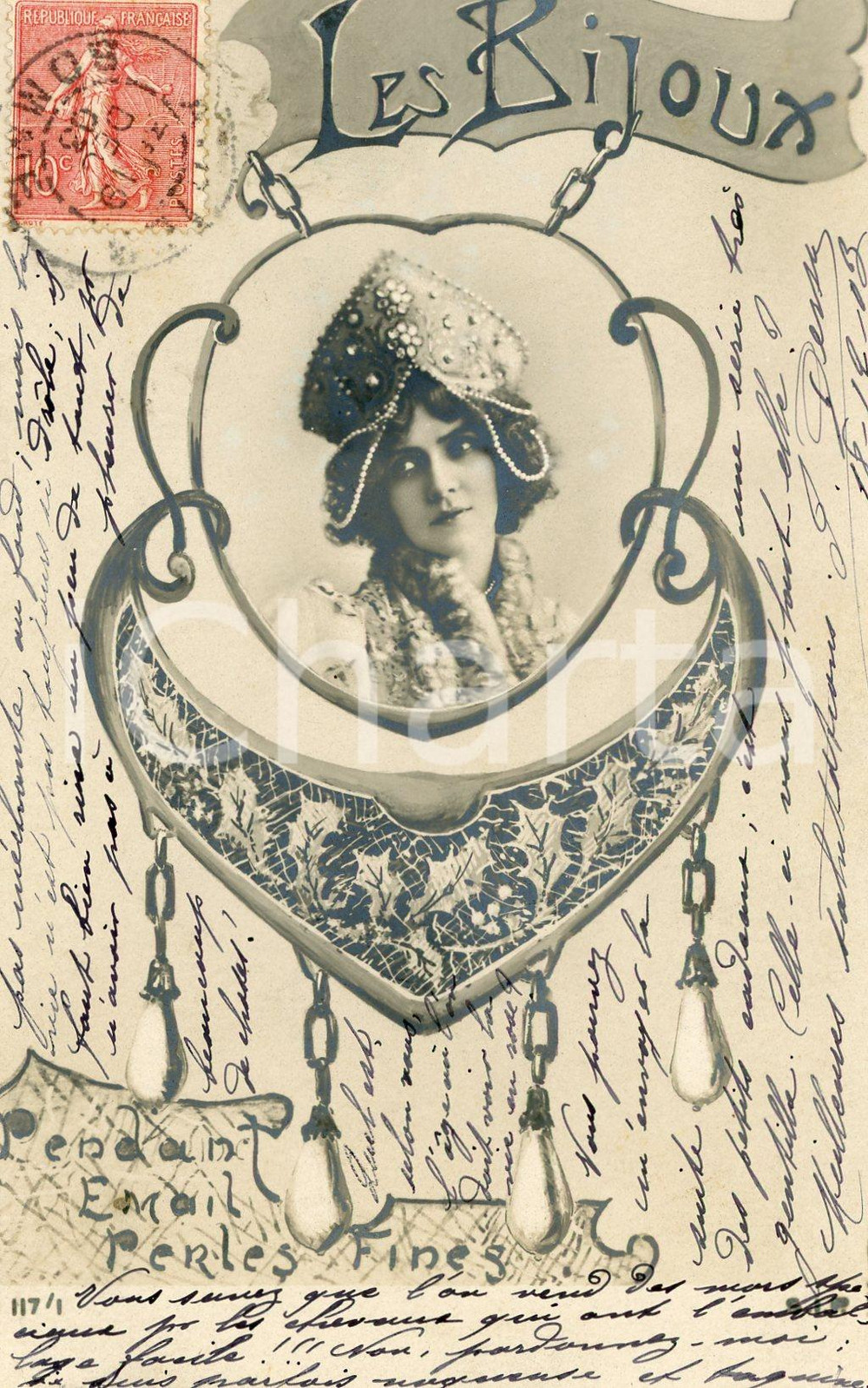1903 LES BIJOUX Pendant émail perles fines - Cartolina ILLUSTRATA vintage FP VG  Cartolina postale d'epoca, serie &ldquo;Les Bijoux&rdquo; 117/1, viaggiata.CONDIZIONI: GFORMATO: FP    originale e autentica 1