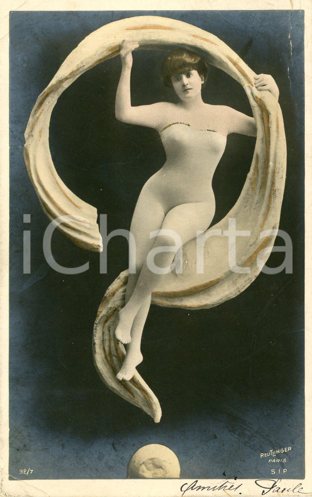 1900 ca VINTAGE EROTIC Nude woman posing in a circle - Postcard FP  Cartolina postale d'epoca, viaggiata.Foto Reutlinger, Paris - Editore S.I.P. - 92/7CONDIZIONI: POOR (piegature angolari)FORMATO: FP    originale e autentica 1