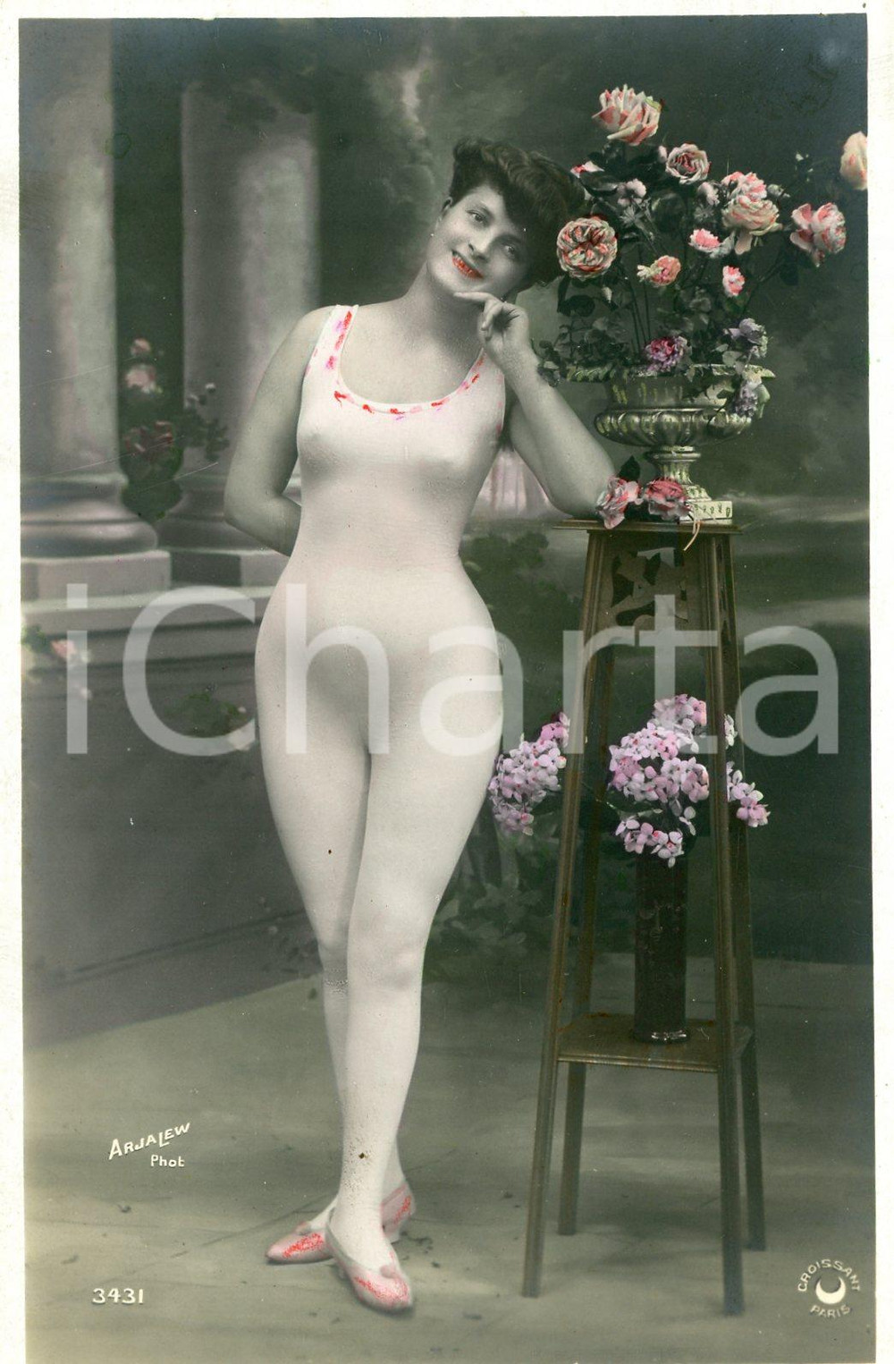 1910 ca EROTIC VINTAGE Bodystocking nude woman with flowers - Postcard FP NV  Cartolina postale d'epoca, cromolitografica, non viaggiata.Foto Arjalew - Editore Croissant - ParisCONDIZIONI: GFORMATO: FP    originale e autentica 1