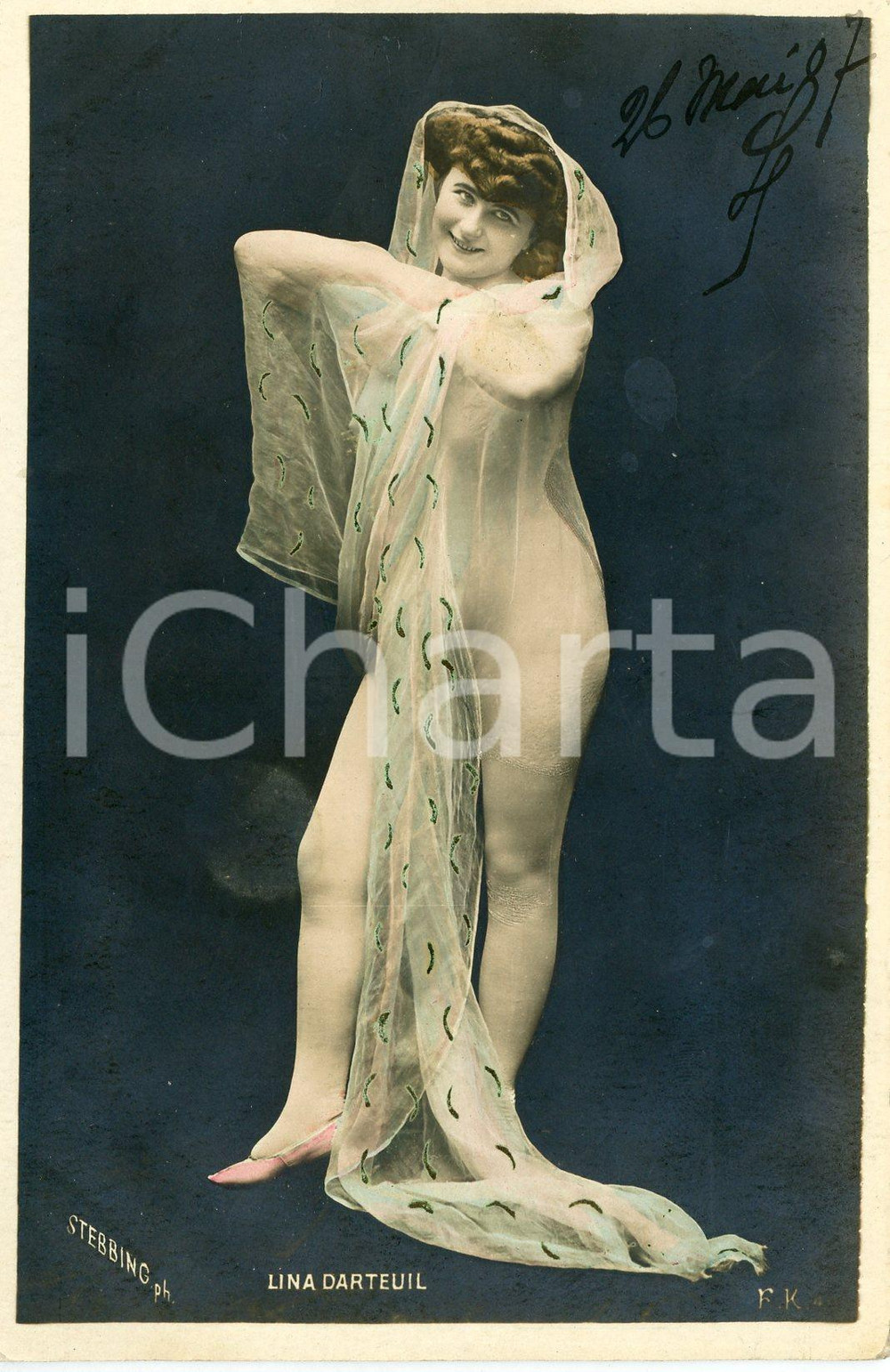 1907 EROTIC VINTAGE French dancer Lina DARTEUIL nude with a veil - Postcard  Cartolina postale d'epoca, cromolitografica, non viaggiata.Foto Stebbing - Editore F. K.CONDIZIONI: GFORMATO: FP    originale e autentica 1