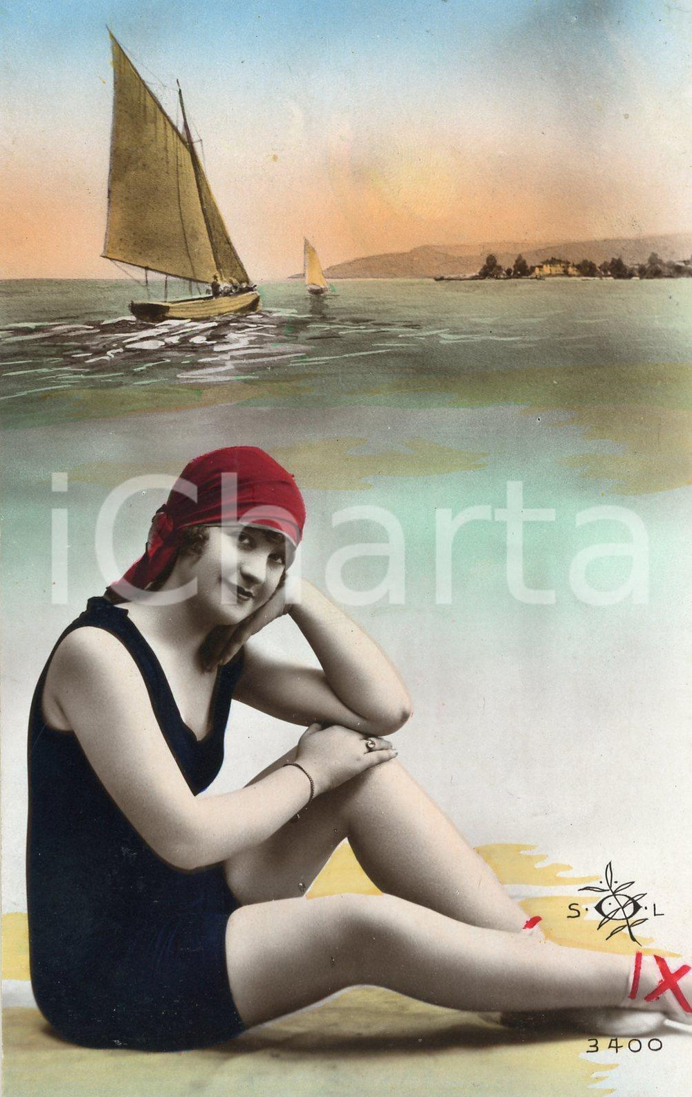 1930 BATHING BEAUTIES Woman sitting in her swimsuit  - Vintage coloured postcard  Cartolina postale d'epoca, viaggiata.Editore S.O.L. n&deg; 3400.CONDIZIONI: GFORMATO: FP    originale e autentica 1