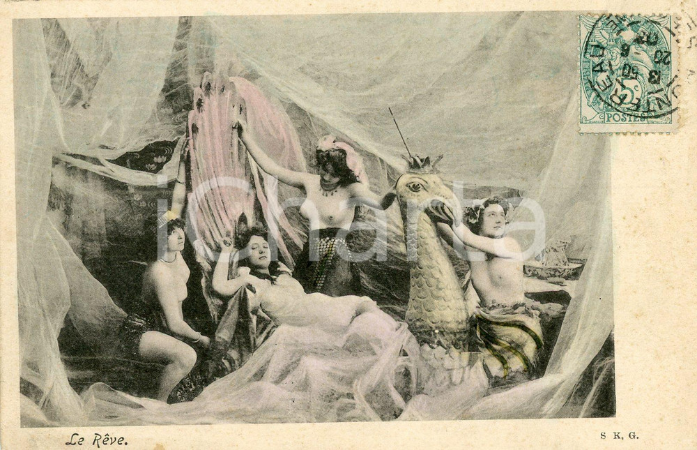 1903 EROTICA VINTAGE "Le Rêve" - Donna tra ancelle seminude - Cartolina FP VG  Cartolina postale d'epoca, viaggiata.Editore S.K.G.CONDIZIONI: GFORMATO: FP    originale e autentica 1