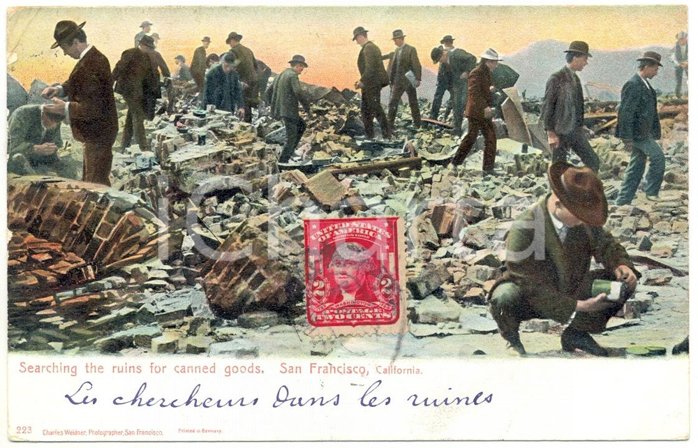 1906 SAN FRANCISCO EARTHQUAKE Searching the ruins for canned goods - Postcard  Cartolina postale d'epoca, viaggiata.CONDIZIONI: FFORMATO: FP    originale e autentica 1
