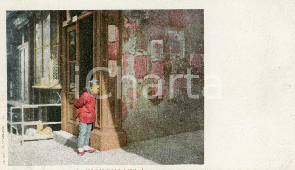 1900ca LOS ANGELES CHINATOWN Are the police coming? Old chinese at street corner  Cartolina postale d'epoca, non viaggiata.CONDIZIONI: G (minimi ingiallimenti al lato destro)FORMATO: FP    originale e autentica 1