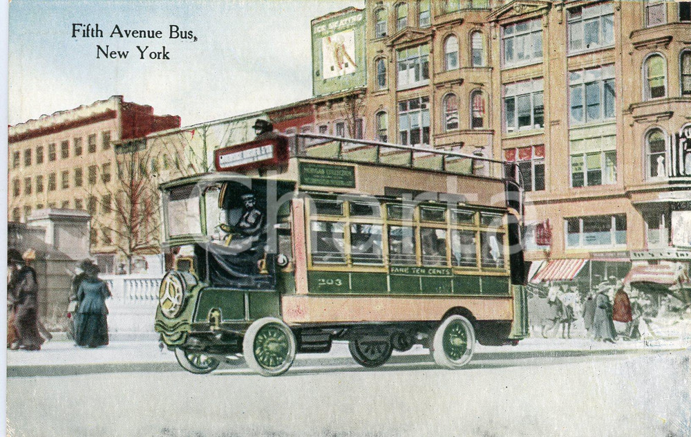 1905ca NEW YORK CITY - DE DION-BOUTON double deck bus on fifth avenue POSTCARD  Cartolina postale d'epoca, non viaggiata ma con appunto manoscritto al verso.CONDIZIONI: FFORMATO: FP    originale e autentica 1