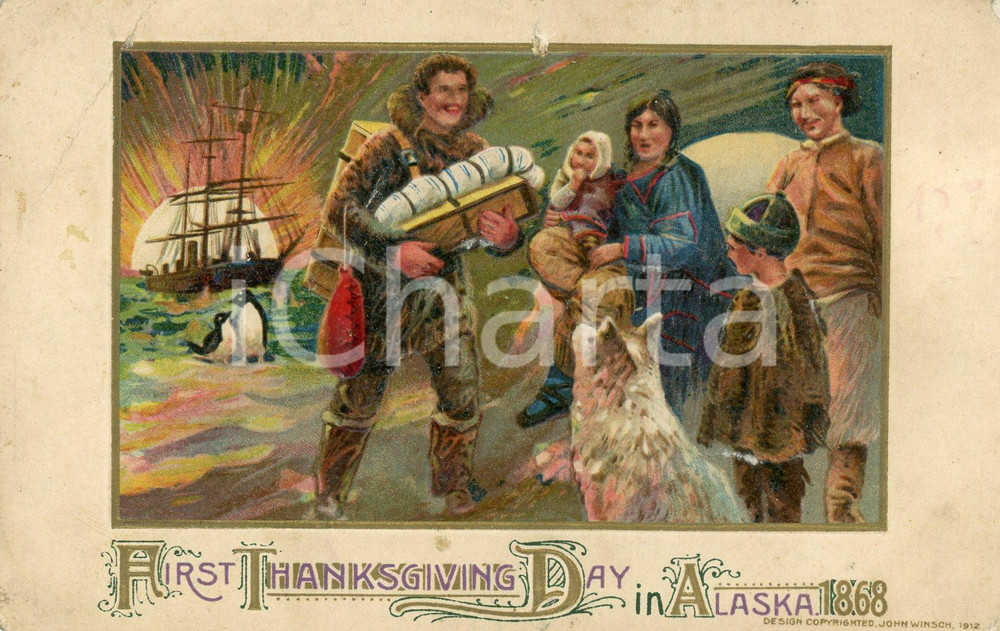 1912 USA First Thanksgiving day in ALASKA 1868 - Illustrated postcard FP NV  Cartolina postale d'epoca con figure in rilievo, non viaggiata ma con appunto manoscritto al verso.CONDIZIONI: FFORMATO: FP    originale e autentica 1