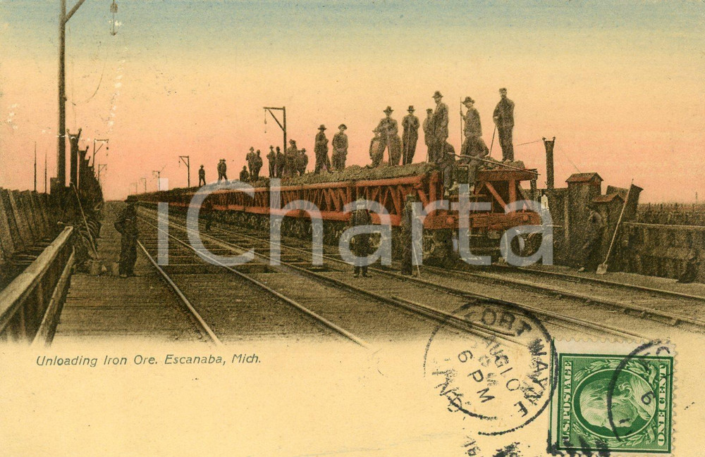1911 ESCANABA, MICHIGAN Unloading iron ore - Postcard FP VG  Cartolina postale d'epoca, viaggiata.CONDIZIONI: FFORMATO: FP    originale e autentica 1