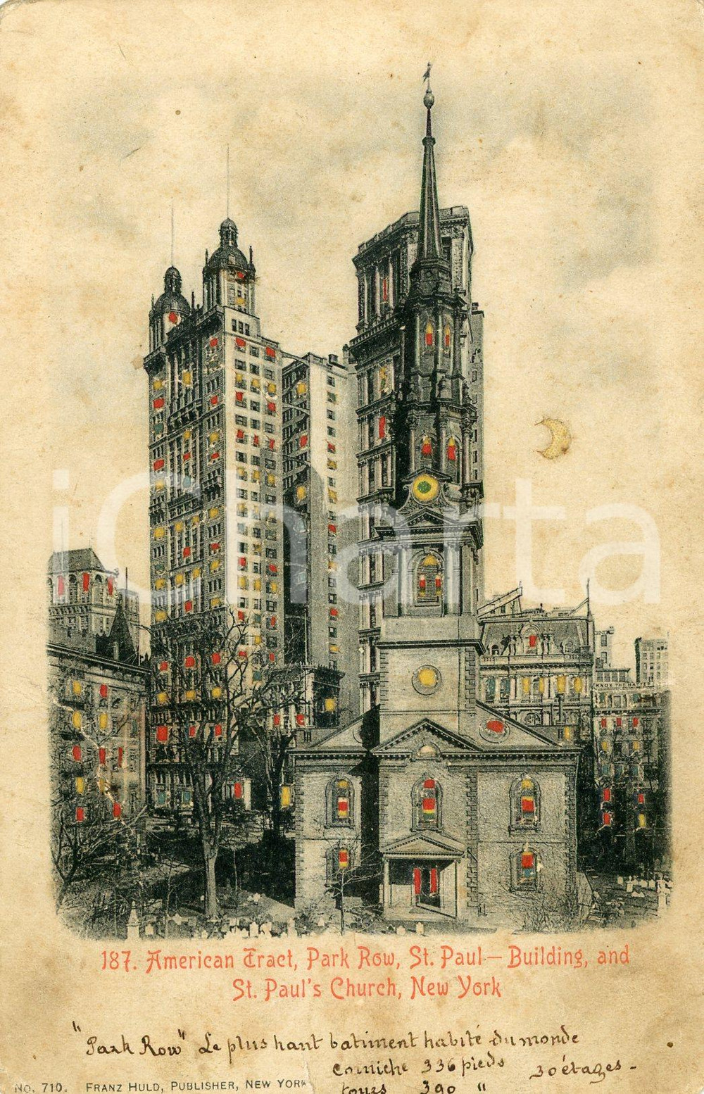 1900ca NEW YORK - ATS Building and St. Paul's Church - Hold-to-light postcard  Cartolina postale d'epoca, non viaggiata ma con appunto manoscritto al verso.CONDIZIONI: FFORMATO: FP    originale e autentica 1