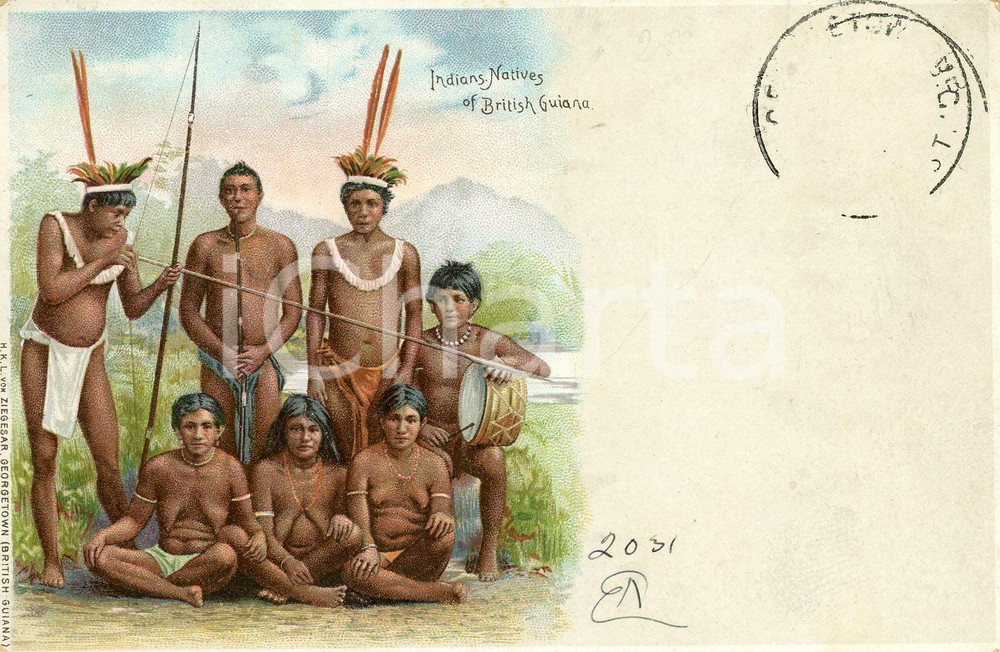 1900 ca BRITISH GUIANA Indian natives - Illustrated postcard FP VG  Cartolina postale d'epoca, viaggiata ma con affrancatura rimossa.CONDIZIONI: FFORMATO: FP    originale e autentica 1