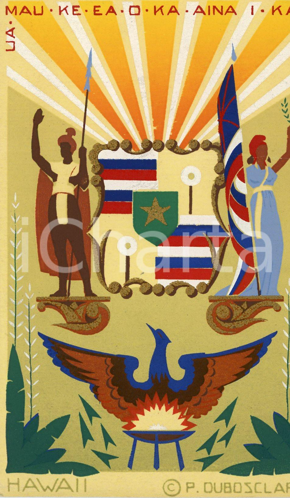 1910 HAWAII Vintage Hand-Made Serigraph Postcard by P. DUBOSCLARD - DANNEGGIATA  Cartolina postale d'epoca, viaggiata.CONDIZIONI: VERY POOR (profonda piegatura orizzontale)FORMATO: FP    originale e autentica 1