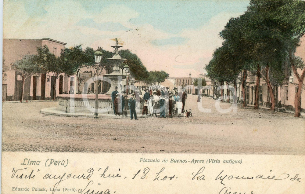 1902 LIMA (PERÙ) Plazuela de Buenos Aires - Vista antigua - Tarjeta postal  Cartolina postale d'epoca, viaggiata.CONDIZIONI: VERY POOR (distaccamento consistente degli strati della cartolina)FORMATO: FP    originale e autentica 1