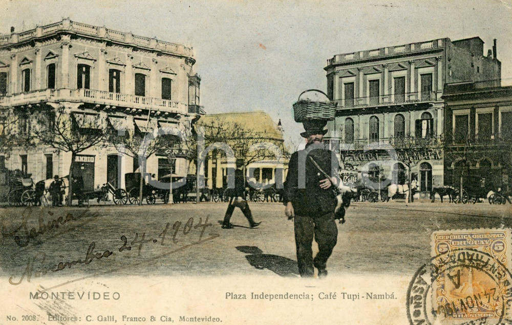 1904 MONTEVIDEO (URUGUAY) Plaza Indipendencia - Café Tupi Nambà - Tarjeta postal  Cartolina postale d'epoca, viaggiata.CONDIZIONI: FFORMATO: FP    originale e autentica 1
