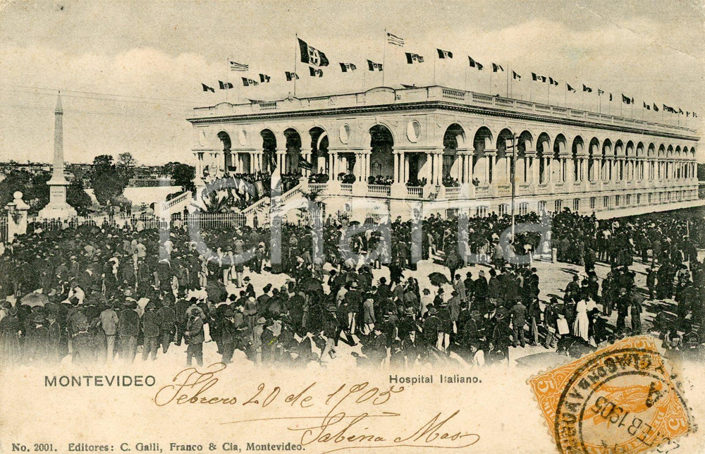 1905 MONTEVIDEO (URUGUAY) Hospital italiano - Vintage postcard FP VG  Cartolina postale d'epoca, viaggiata.CONDIZIONI: F (piegatura all'angolo inferiore destro)FORMATO: FP    originale e autentica 1
