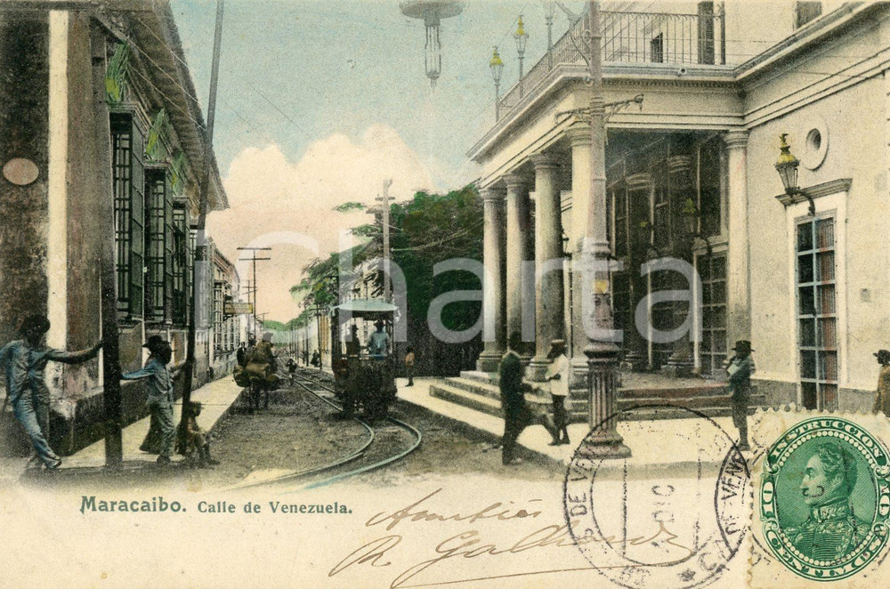 1905 ca MARACAIBO (VENEZUELA) Calle de Venezuela - Cartolina ANIMATA tram  Cartolina postale d'epoca, viaggiata, a colori.CONDIZIONI: GFORMATO: FP    originale e autentica 1