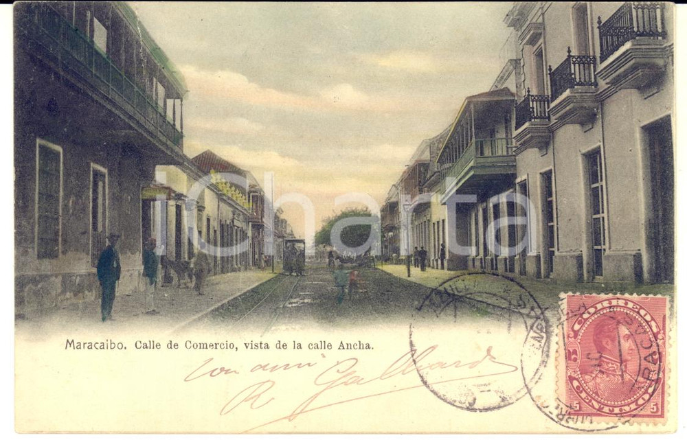1905 ca MARACAIBO (VENEZUELA) Calle de Comercio - Cartolina ANIMATA omnibus  Cartolina postale d'epoca, viaggiata, a colori.CONDIZIONI: POOR (piegatura al margine superiore)FORMATO: FP    originale e autentica 1