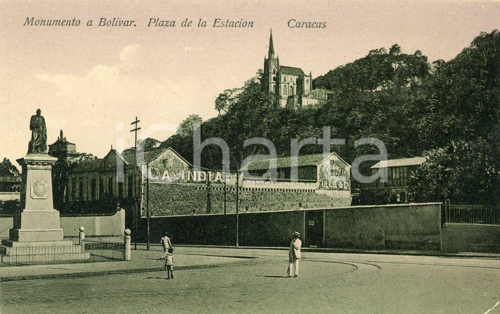 1910 ca CARACAS (VENEZUELA) Monumento a Bolivar - Plaza de la Estacion - Tarjeta  Cartolina postale d'epoca, animata, non viaggiata.CONDIZIONI: FAIR (piccola piegatura angolare)FORMATO: FP    originale e autentica 1