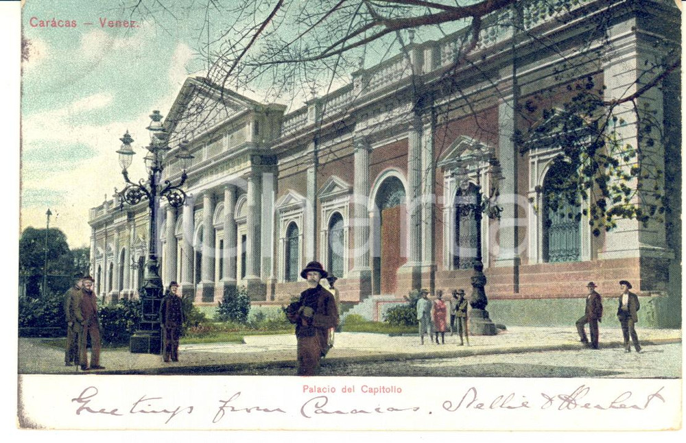 1909 CARACAS (VENEZUELA) Palacio del Capitolio - Cartolina ANIMATA FP VG  Cartolina postale d'epoca, animata, viaggiata.CONDIZIONI: G (ma minime bruniture e smussature angolari)FORMATO: FP    originale e autentica 1