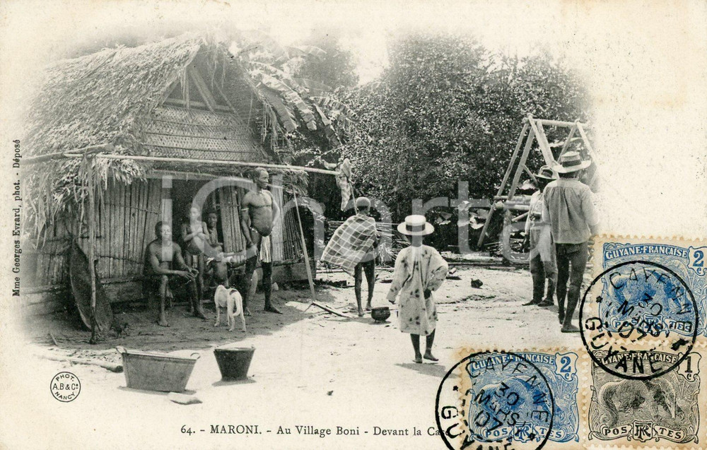 1907 CAYENNE (GUYANE) MARONI - Au Village Boni - Devant la Case - Carte postale  Cartolina postale d'epoca, viaggiata.CONDIZIONI: GFORMATO: FP    originale e autentica 1