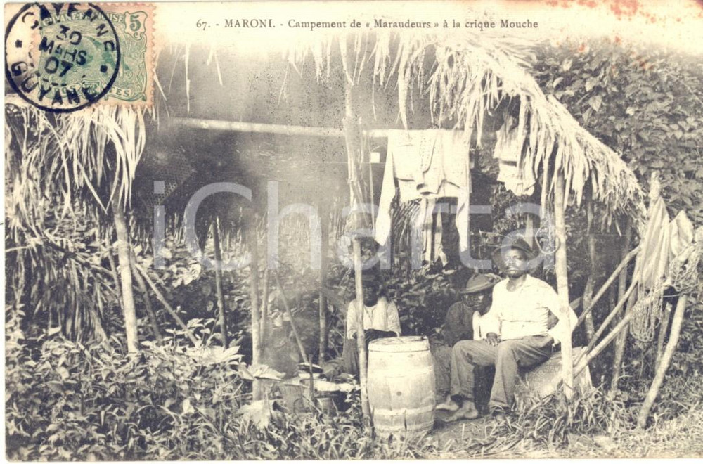 1907 CAYENNE (GUYANE) MARONI Campement de "Maraudeurs" à la crique Mouche  Cartolina postale d'epoca, viaggiata.CONDIZIONI: FAIR (fioriture al margine superiore)FORMATO: FP    originale e autentica 1