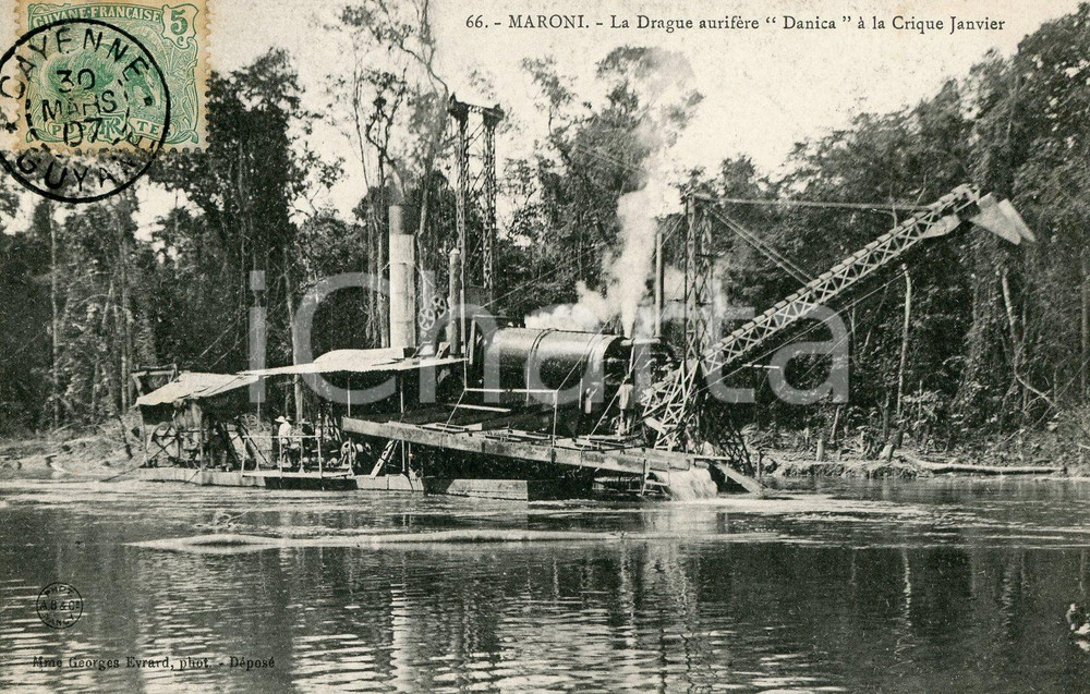 1907 CAYENNE (GUYANE) MARONI Drague aurifère DANICA à la Crique JANVIER *ANIMEE  Cartolina postale d'epoca, viaggiata.CONDIZIONI: GFORMATO: FP    originale e autentica 1