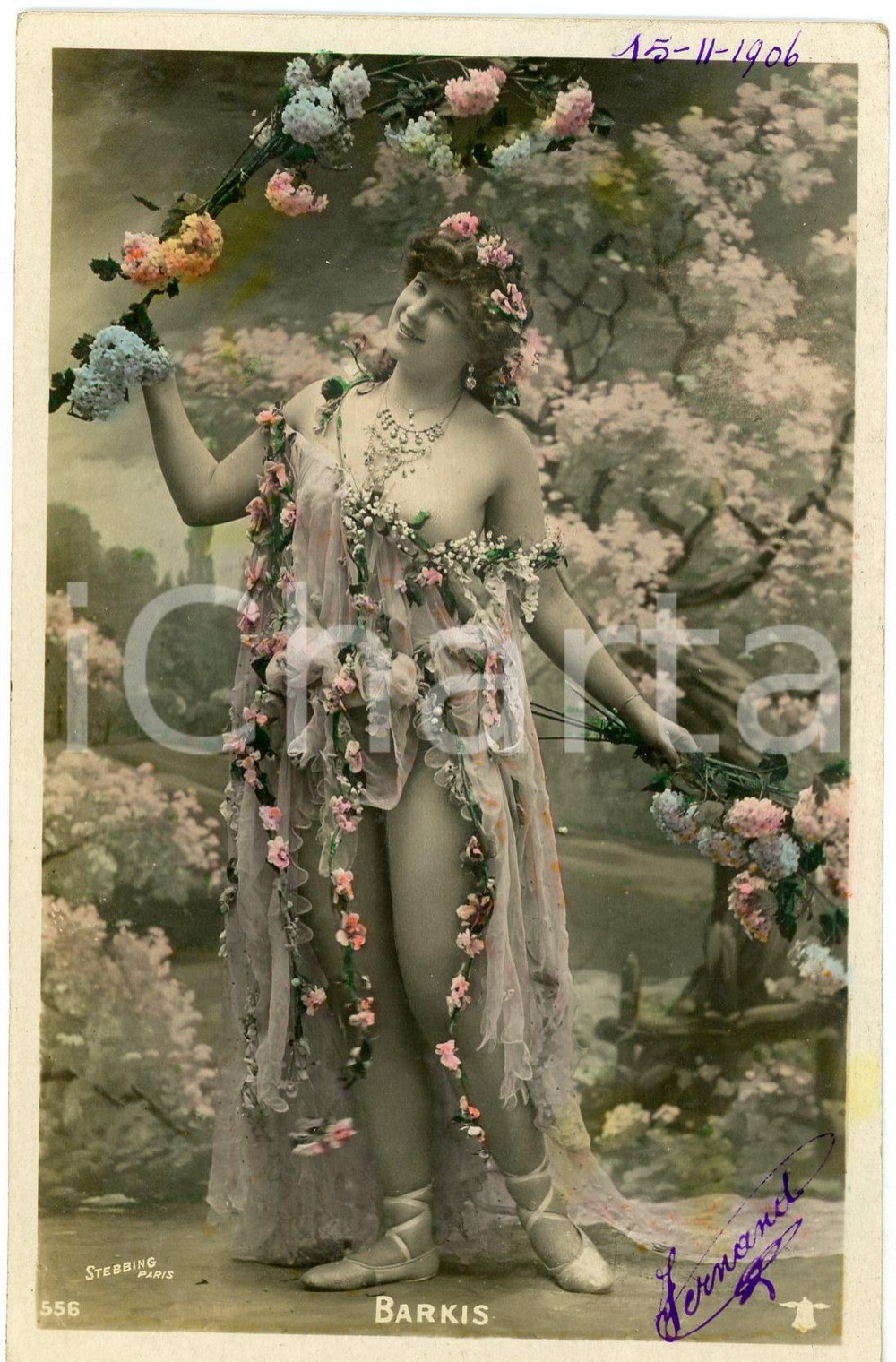 1906 VINTAGE EROTIC Actress Nina BARKIS Real Photo Hand Colour *Postcard risque  Cartolina postale d'epoca, viaggiata.CONDIZIONI: FAIR (lievi piegature e sovraimpressioni; minime macchie al verso)FORMATO: 9x14 cm    originale e autentica 1