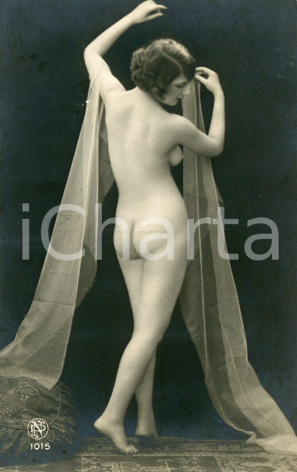 1910 ca VINTAGE EROTIC Nude woman posing with a long veil - Postcard risque  Fotografia seriale d'epoca, in formato cartolina postale.EDITORE:  NP- n&deg; 1015FORMATO: FP    originale e autentica 1