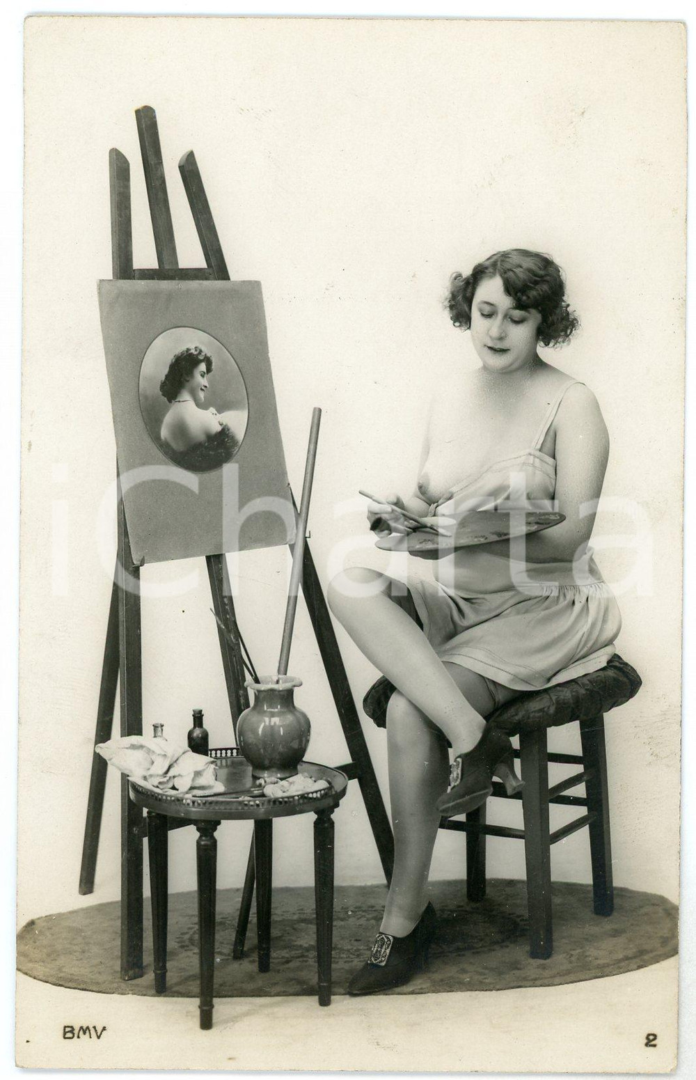 1910 ca VINTAGE EROTIC Nude paintress draws herself - Postcard BMV (1)  Fotografia seriale d'epoca, in formato cartolina.Editore BMVCONDIZIONI: F FORMATO: FP    originale e autentica 1