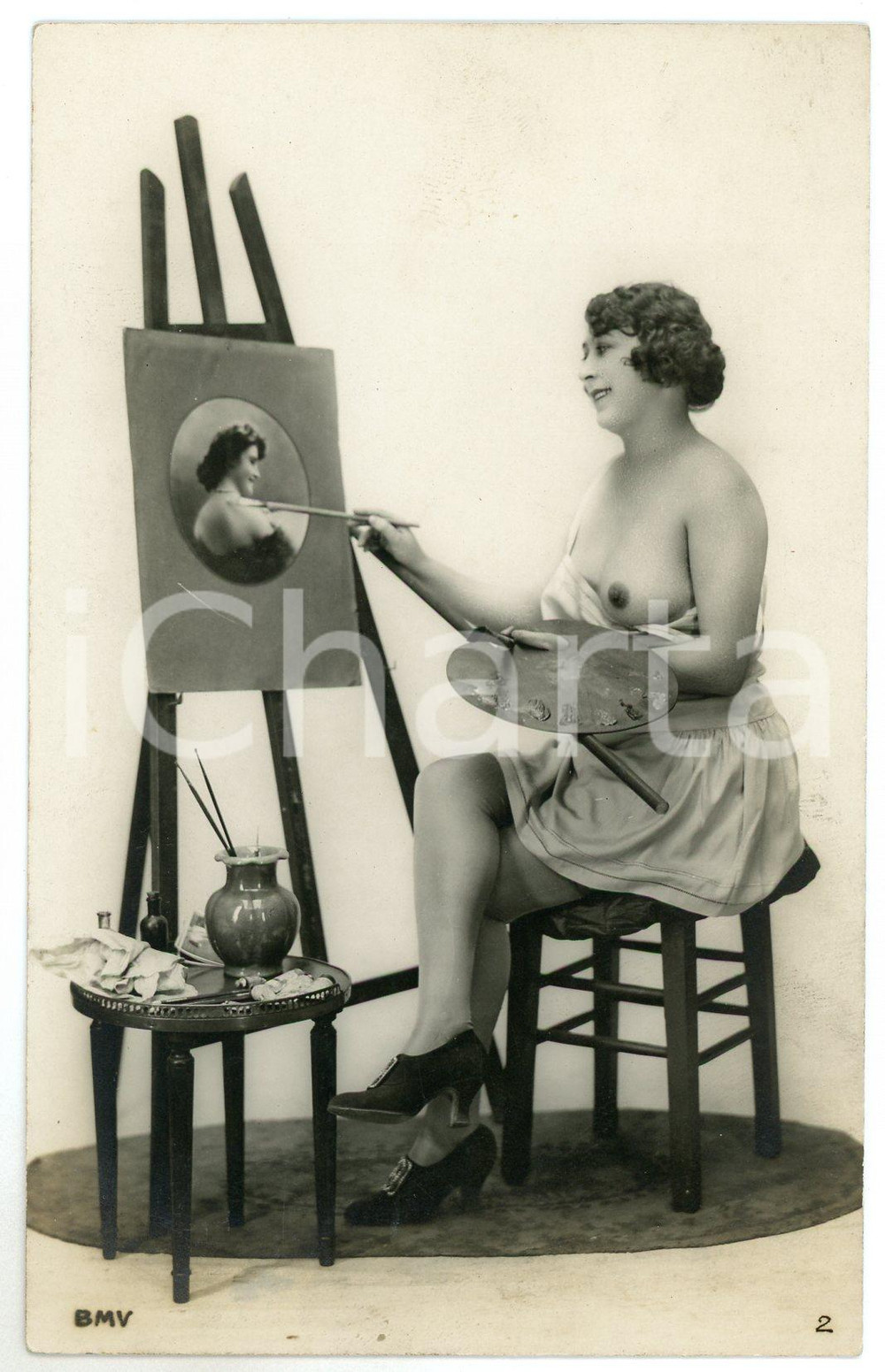 1910 ca VINTAGE EROTIC Nude paintress draws herself - Postcard BMV (2)  Fotografia seriale d'epoca, in formato cartolina.Editore BMVCONDIZIONI: F FORMATO: FP    originale e autentica 1