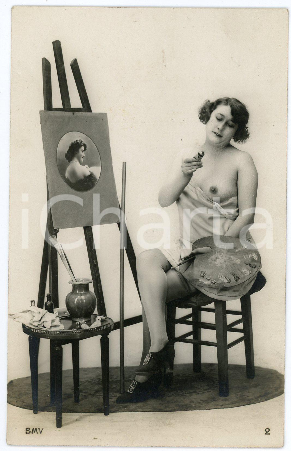 1910 ca VINTAGE EROTIC Nude paintress draws herself - Postcard BMV (3)  Fotografia seriale d'epoca, in formato cartolina.Editore BMV GOOD/buono  Formato: 9x14 cm originale e autentica 1